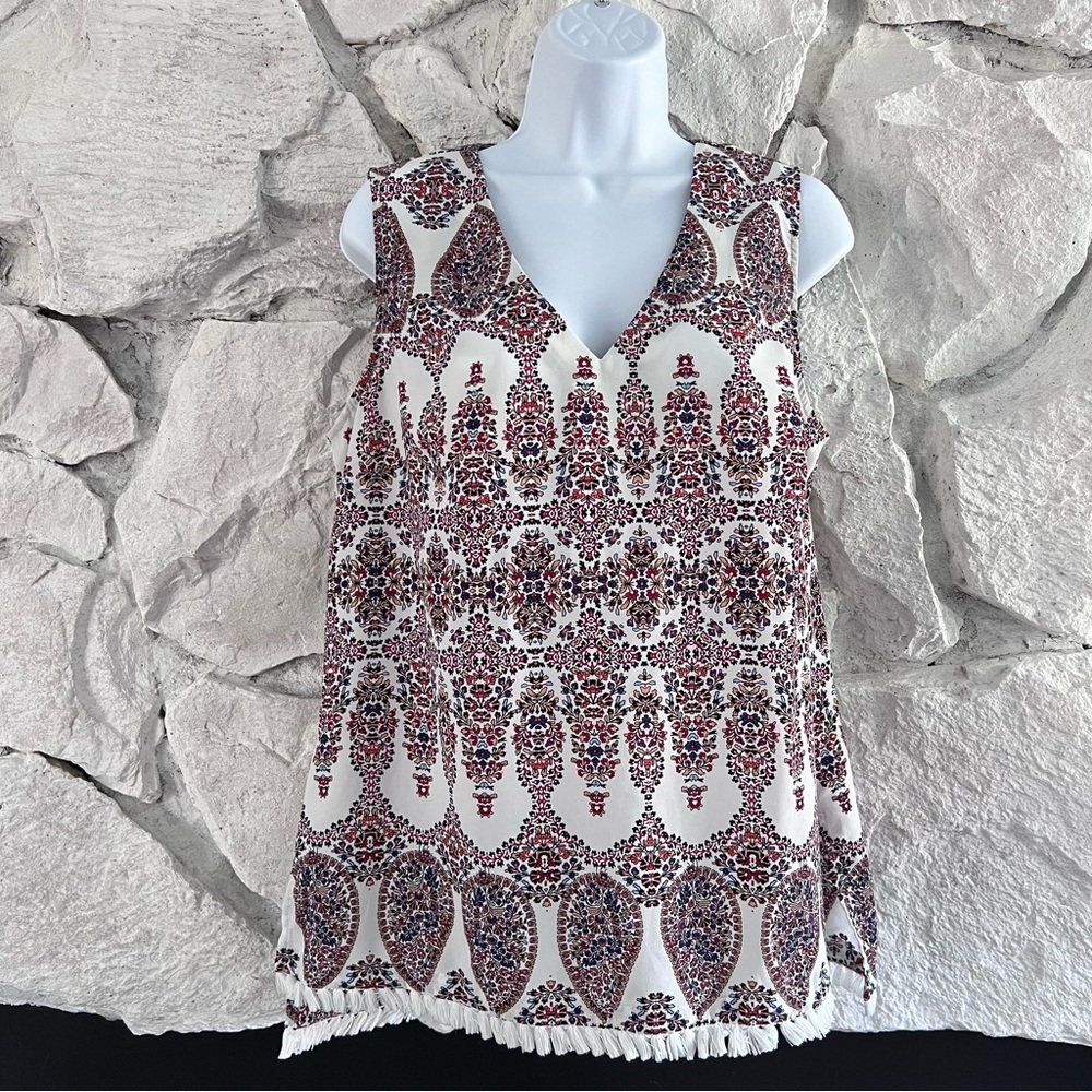 Banana Republic | Women’s Sleeveless Paisley V-Neck Blouse w/Fringe, Size M